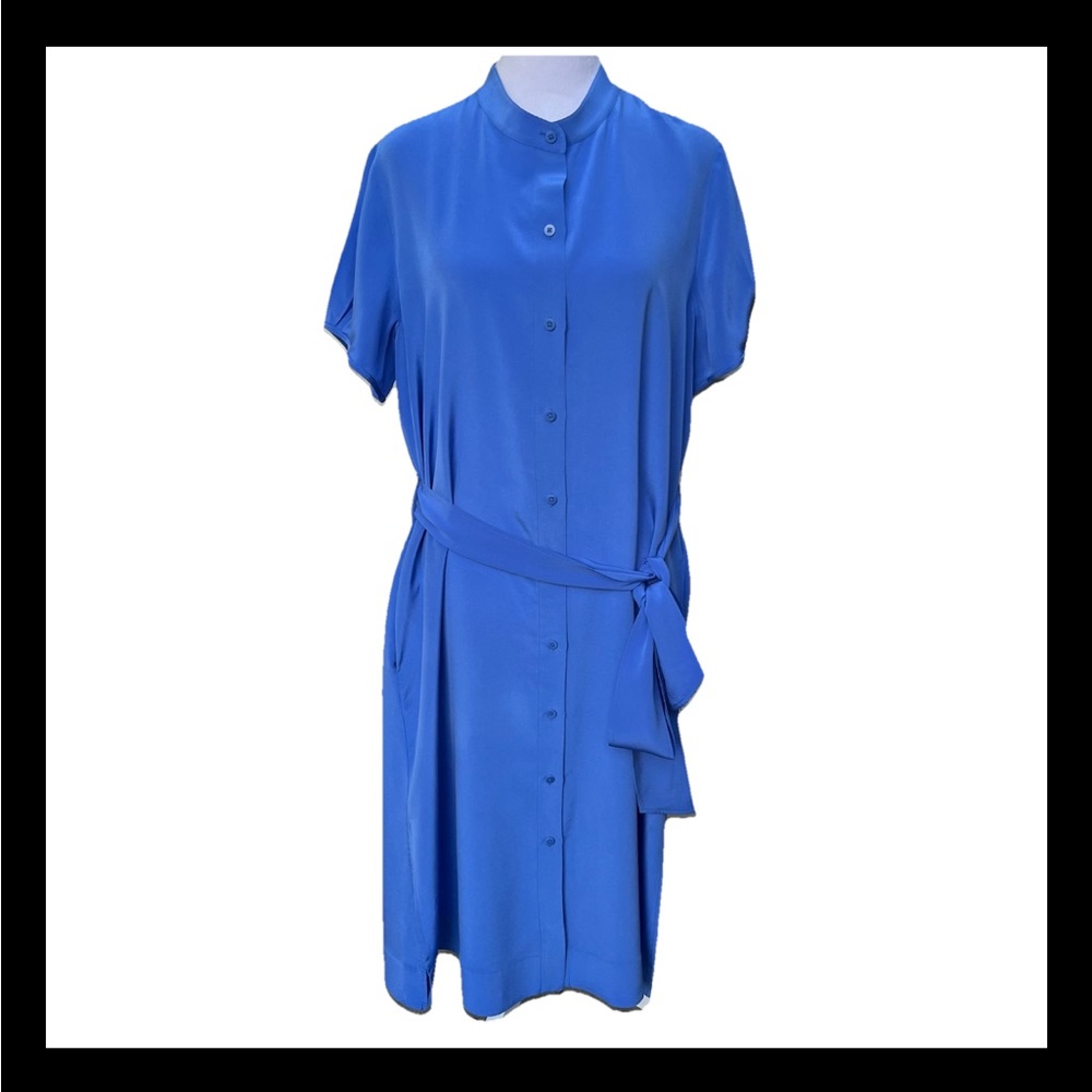 Diane Von Furstenberg Women Sz Large Blue‎ Silk Dress Short Sleeves Belted Slits